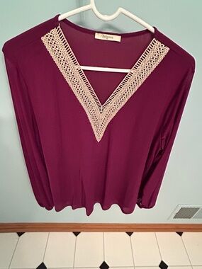 Women's V-Neck Crochet Trim Long Sleeve Top - Berry